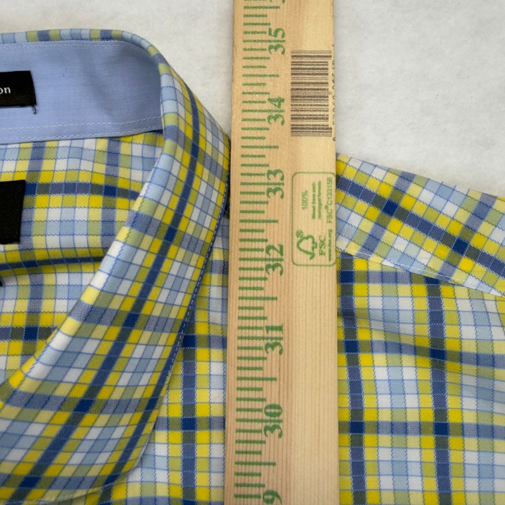 Paul Fredrick Dress Shirt Mens 18-37 Tailored Fit Non-Iron Yellow Blue Plaid - Picture 6 of 7
